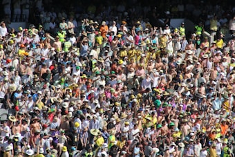 A large crowd of people fills the bleachers, many wearing hats, colorful clothing, and accessories, suggesting a festive or sporty event. The crowd exhibits a lively and animated atmosphere, with individuals standing and cheering.