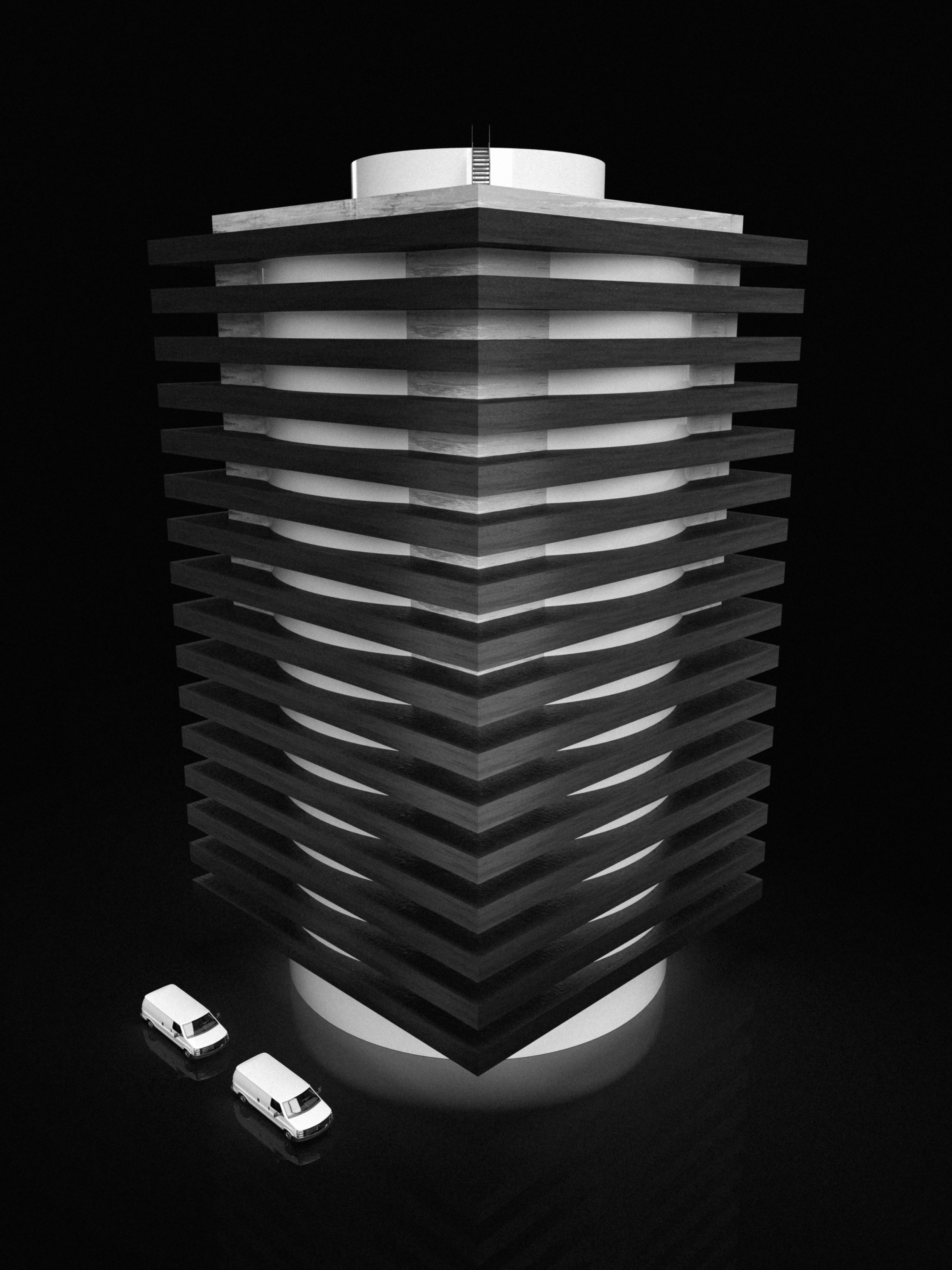 A mysterious and secretive modern architecture building. 3D render made with Adobe Dimension.