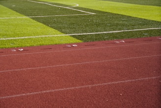 A sports field with vivid green grass divided into sections by white lines in the background. In the foreground, a track with a reddish-brown surface is marked with numbers and lines.