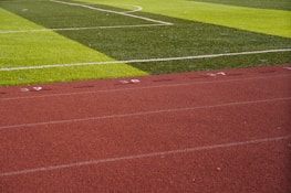 A sports field with vivid green grass divided into sections by white lines in the background. In the foreground, a track with a reddish-brown surface is marked with numbers and lines.