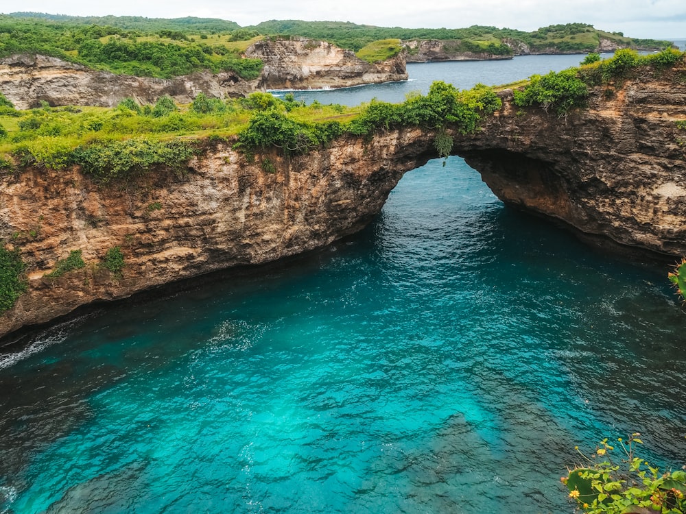 a large body of water surrounded by cliffs