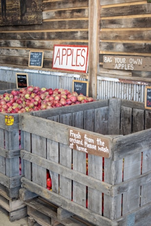 A rustic market setting with large wooden crates full of red apples. Various signs indicate instructions like 'Bag your own apples' and 'Fresh from the orchard. Please wash at home.' The scene portrays an inviting rural atmosphere with emphasis on fresh produce.