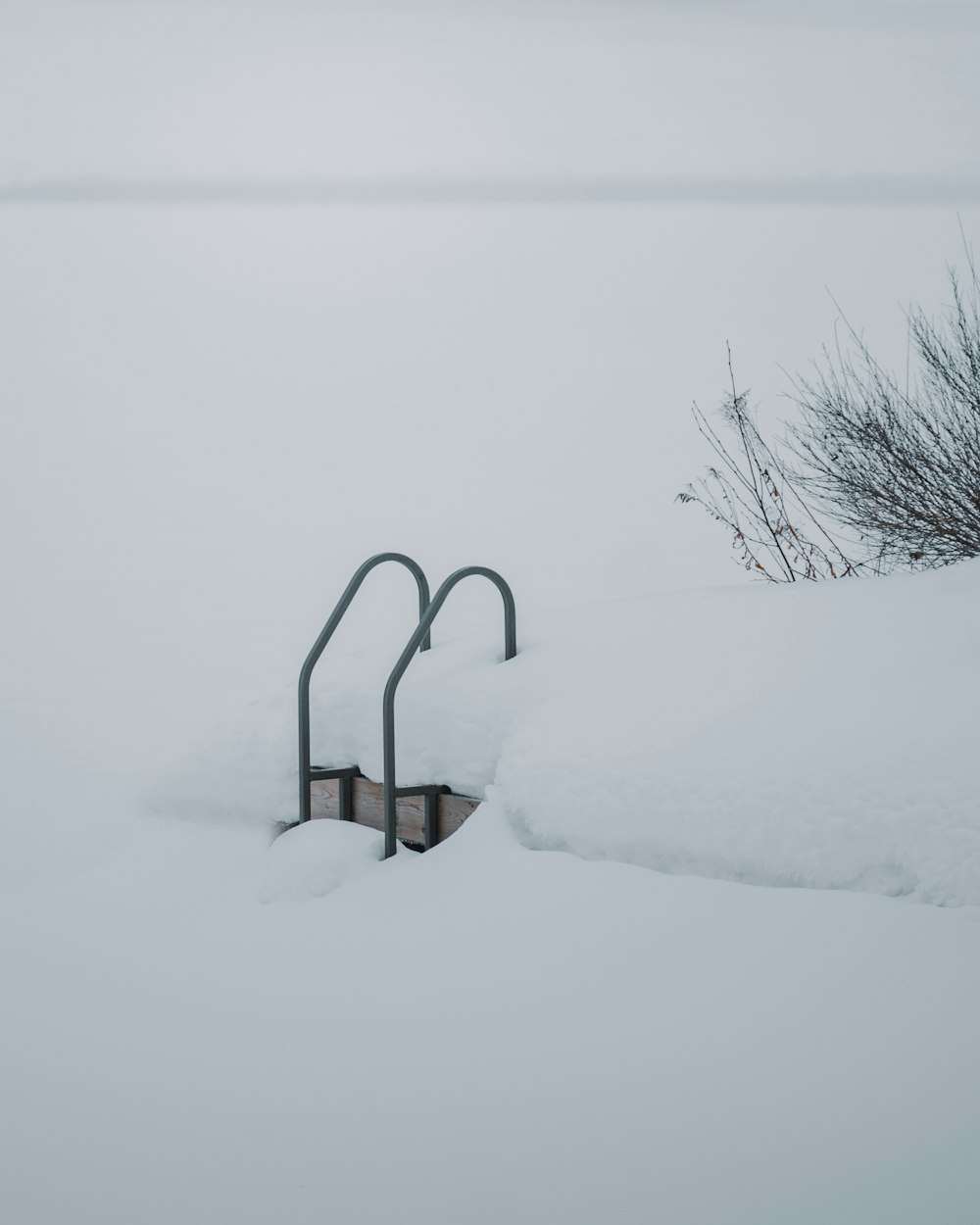 a street light covered in snow next to a bush