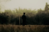 A solitary figure stands in an open field, facing a dense forest. The scene is enveloped in a misty, dreamlike atmosphere, with soft, diffused lighting contributing to the ethereal quality. The surrounding trees create a natural boundary, with their blurred outlines blending into the foggy background.