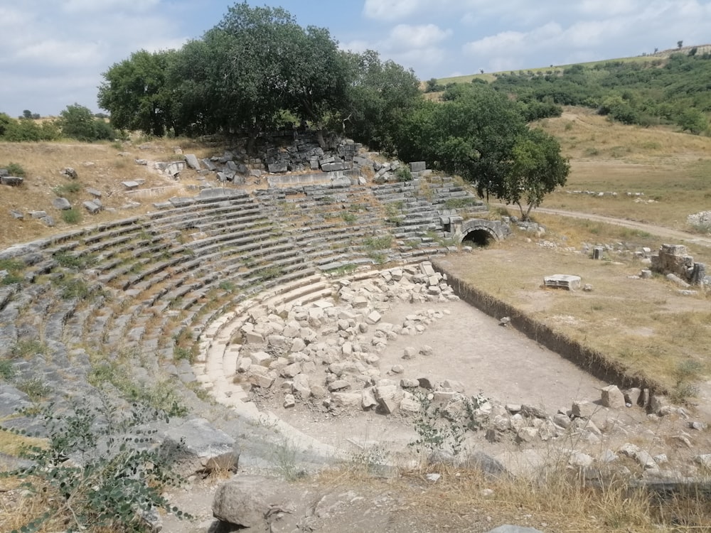 an old amphit with trees and rocks in the foreground