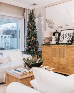 A cozy living room featuring decorative ornaments on a shelf.
