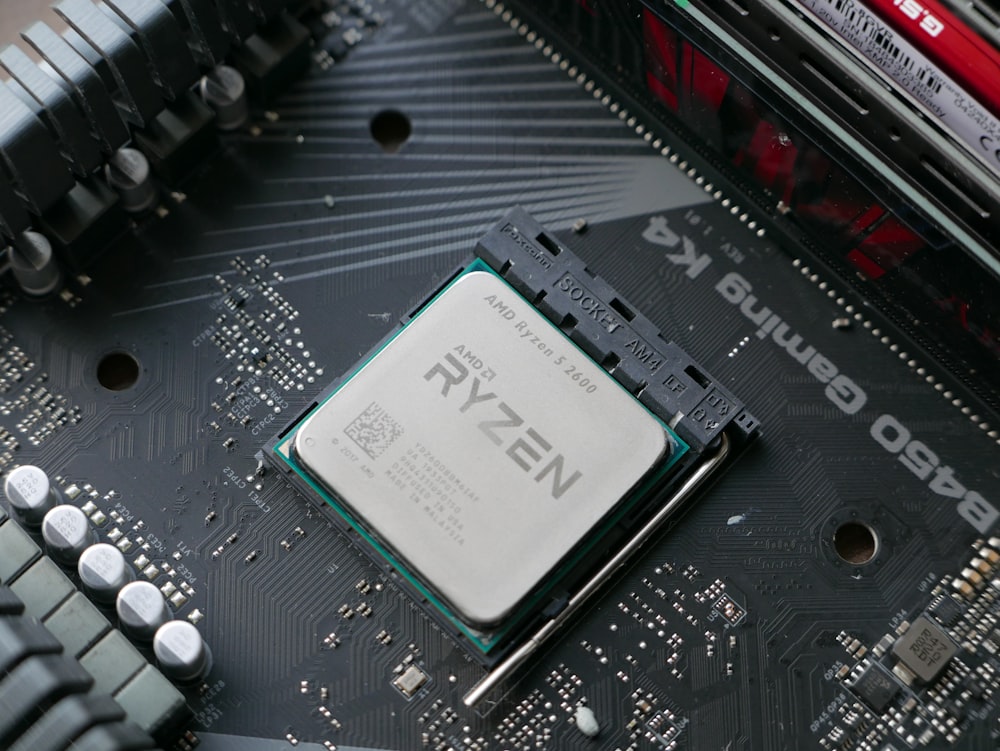 a close up of a cpu chip on a motherboard