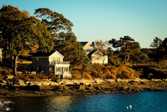 A serene coastal scene with two charming houses nestled among lush, mature trees. The houses feature coastal architecture with large windows and decks, providing a view of the water. The rocky shoreline is bathed in the warm glow of evening sunlight, casting rich shadows and enhancing the vibrant autumn foliage.