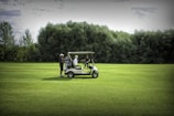 A group of people stands near a golf cart on a well-maintained golf course. The backdrop consists of dense green trees under a cloudy sky.