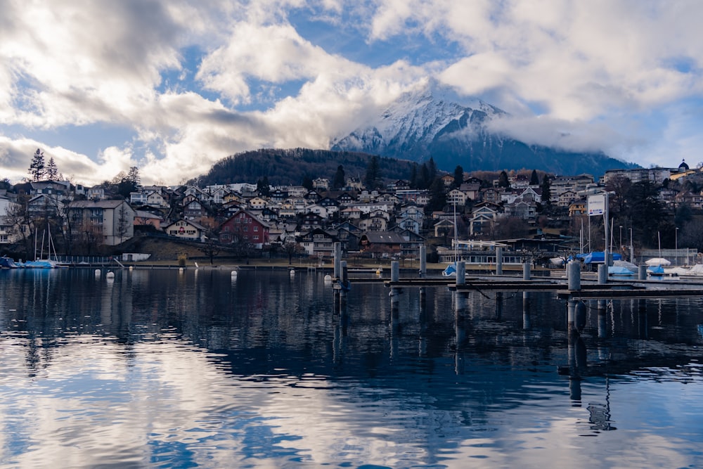 a view of a city with a mountain in the background