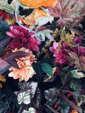 Vibrant and colorful assortment of artificial flowers and leaves, featuring shades of pink, orange, and green. The image displays a mix of petals and foliage, creating a lush and dense arrangement. The various textures and colors contribute to an abundant, lively scene.