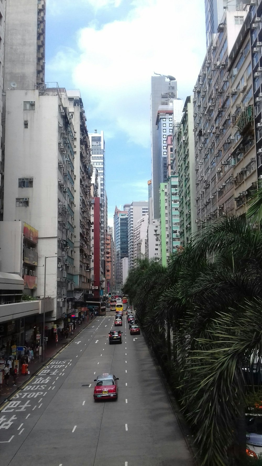 a city street lined with tall buildings and palm trees