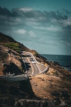 A diverse group of travelers enjoying a road trip in a rental car on a coastal road.
