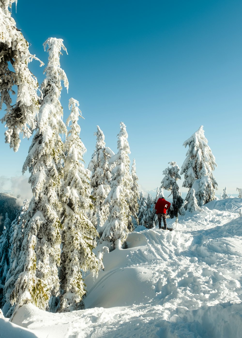 a man riding skis down a snow covered slope