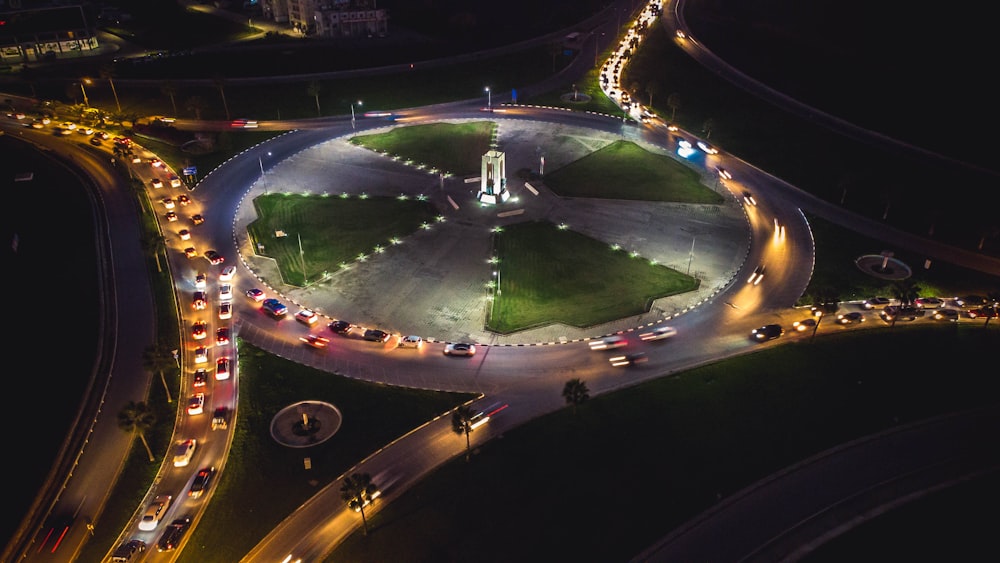 an aerial view of a roundabout at night