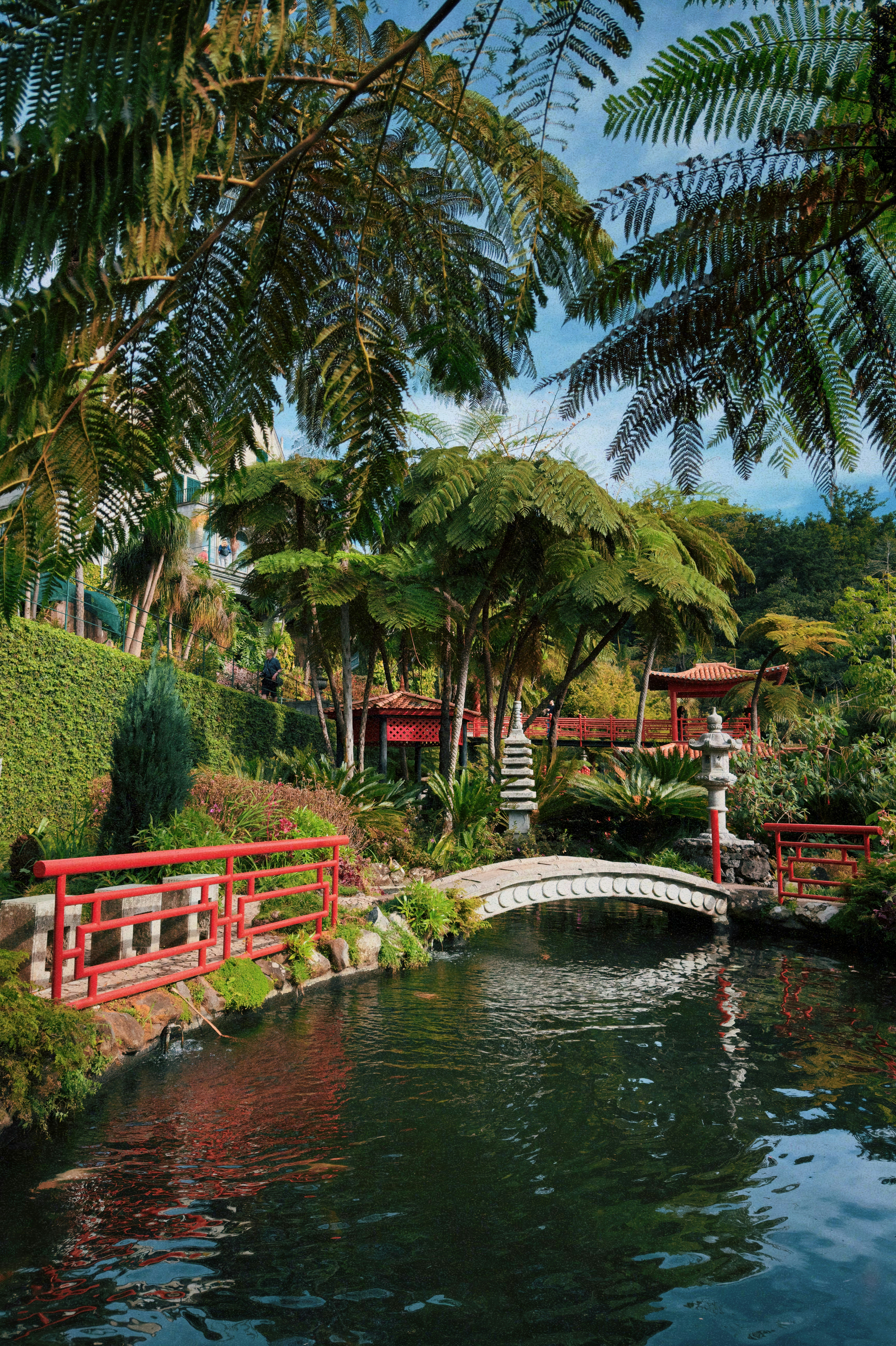 Stone bridge over lake infront of trees at Monte Palace tropical Garden