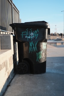 A black trash bin with graffiti is situated on a concrete surface next to a metal fence. The bin has teal-colored graffiti writing on it. In the background, a skate park and some people are visible under a clear blue sky.