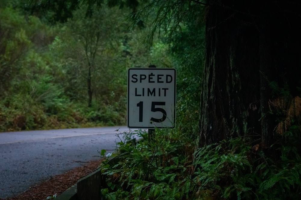 um sinal de limite de velocidade sentado ao lado de uma estrada