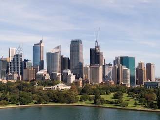 A vibrant city skyline dominated by modern skyscrapers with glass facades is reflected in the sunlight. In the foreground, a lush green park with trees and well-maintained lawns borders a body of water. The sky is clear with subtle cloud patterns.