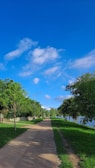A pathway stretches through a lush green park, lined with trees on both sides. The clear blue sky is dotted with a few white clouds. A street lamp stands along the path and a body of water is visible in the background.