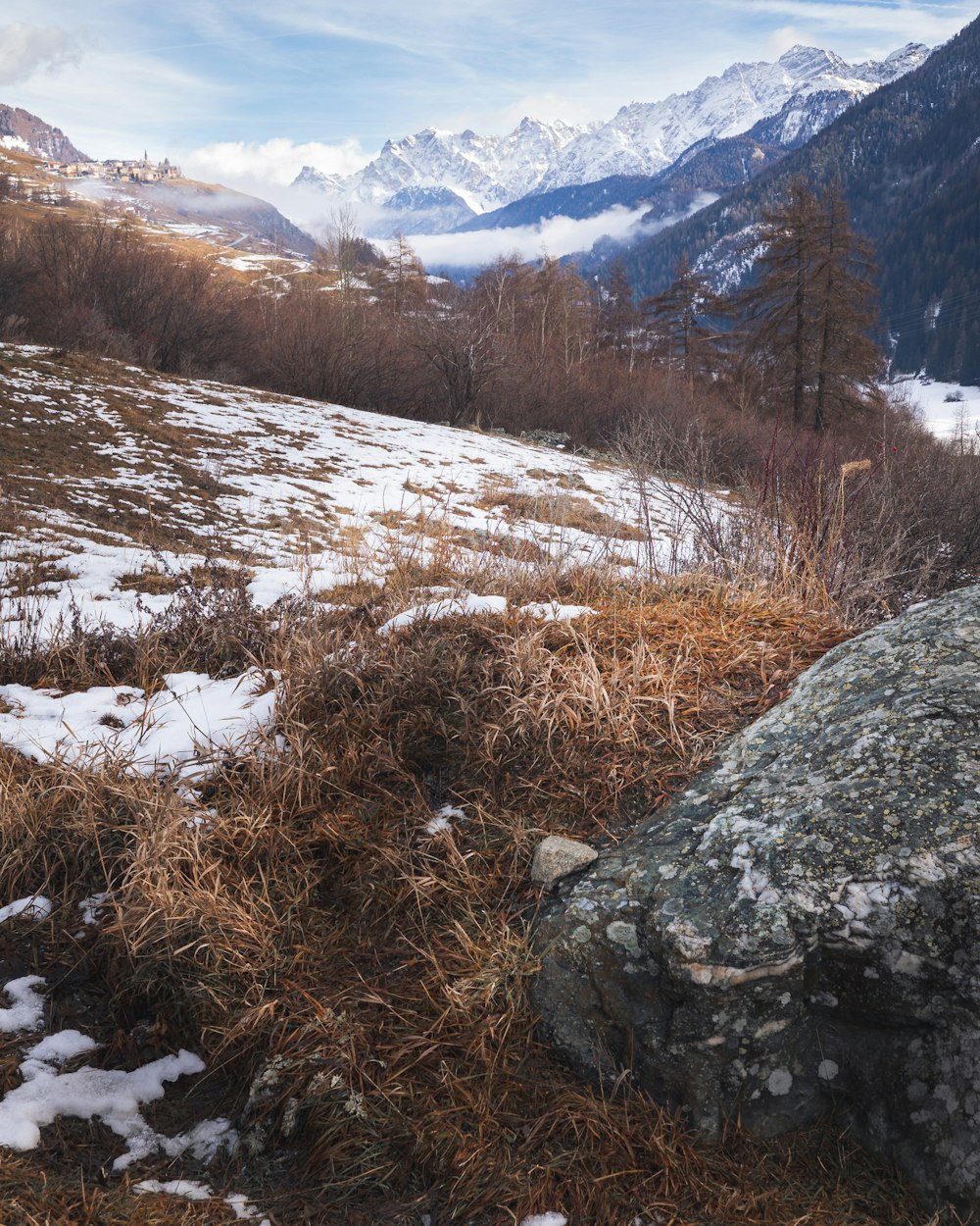 a rocky outcropping in the middle of a snowy field