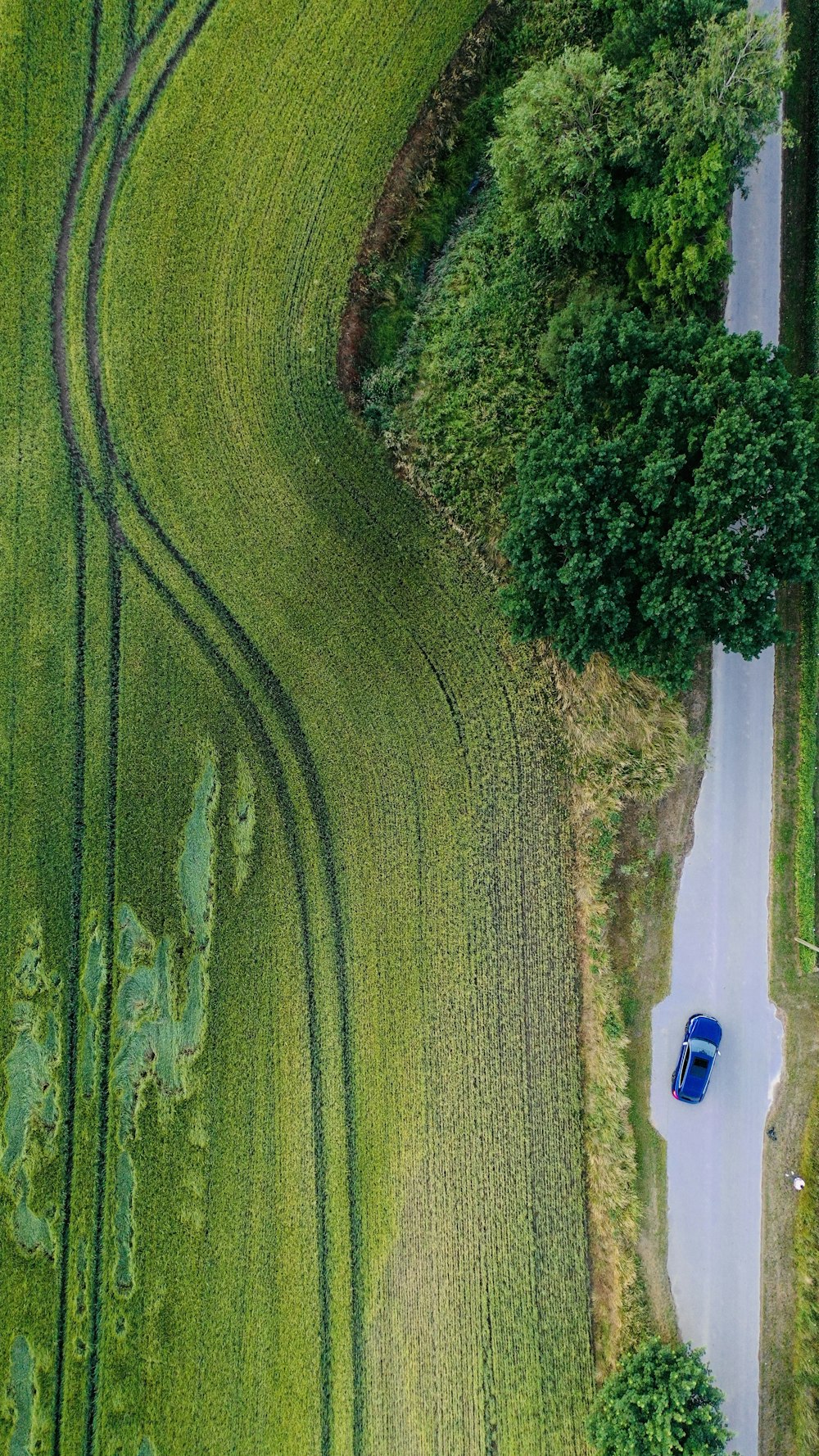 an aerial view of a blue car driving down a country road