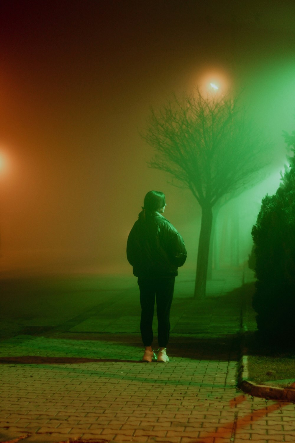 a person standing on a sidewalk in the fog