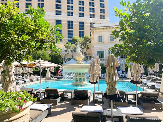 A luxurious outdoor pool area is surrounded by neatly arranged lounge chairs and large parasols. In the center, a decorative fountain sprays water in a symmetrical pattern. Tall, manicured shrubs and flowering plants enhance the setting, with a grand building in the background.