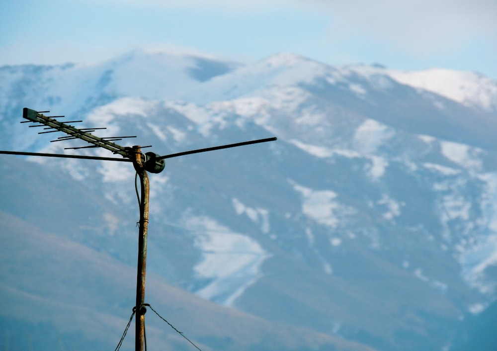 a weather vane with a mountain in the background