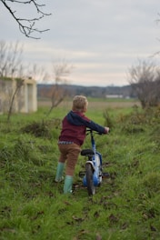 a young boy riding a blue bike on a lush green field
