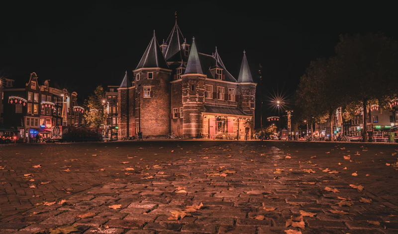 De Waag on Nieuwmarkt square at night