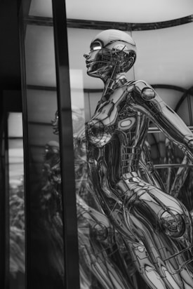 A highly detailed, reflective, and futuristic humanoid robot encased in a transparent display. The robot exhibits intricate metallic components and a sleek design, with an emphasis on mechanical and anatomical features.