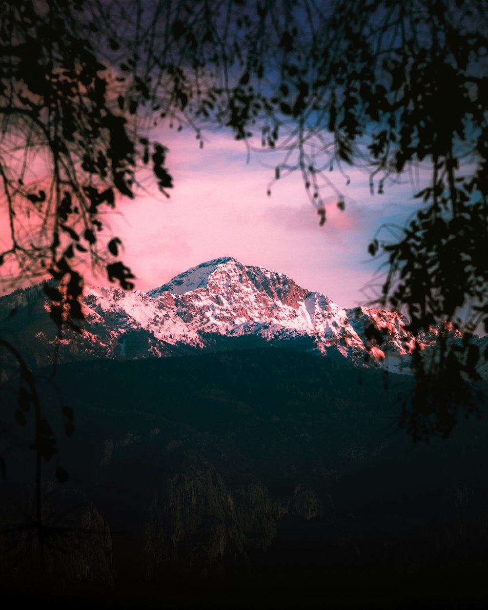 a view of a snow covered mountain from a distance