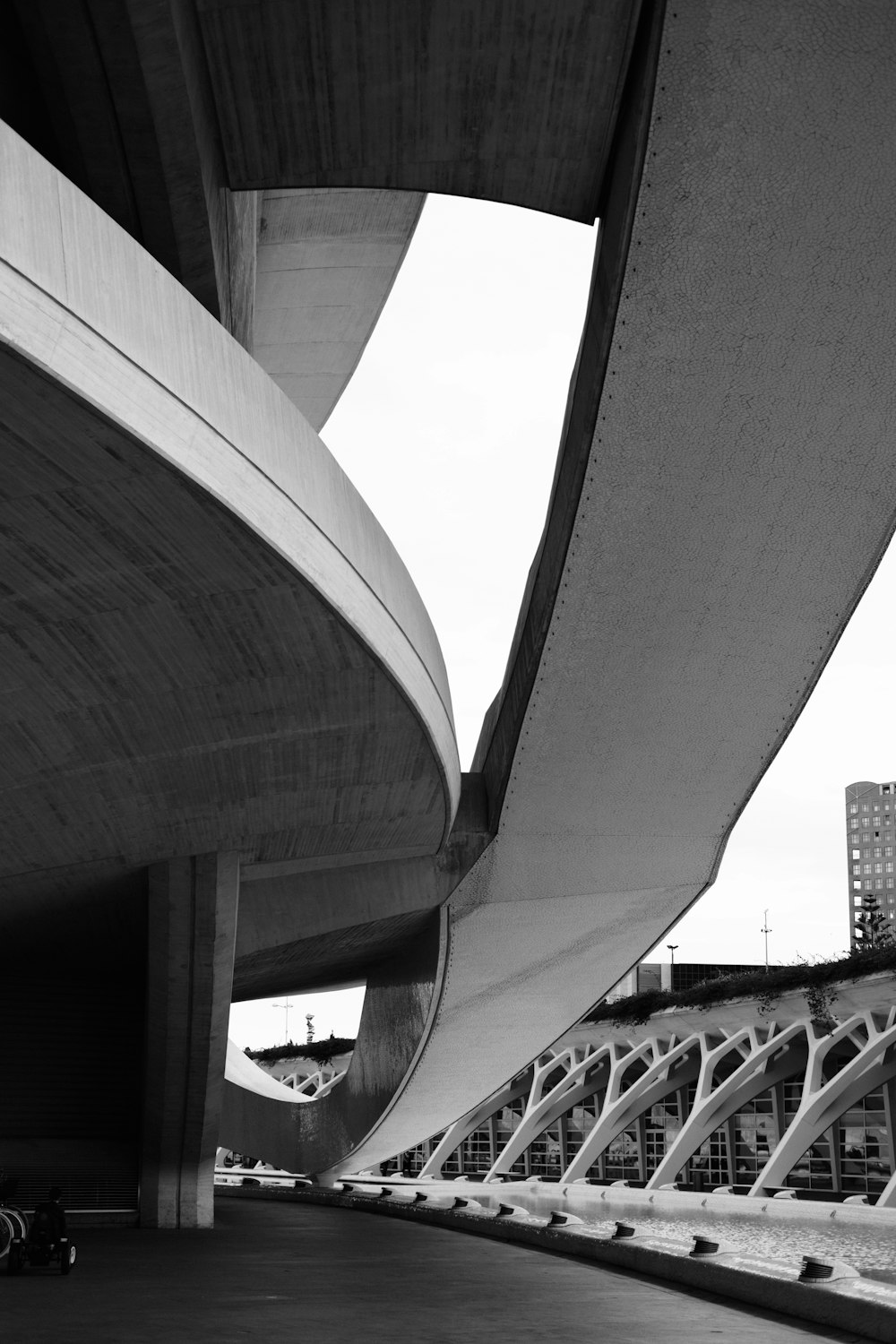 a black and white photo of the underside of a bridge