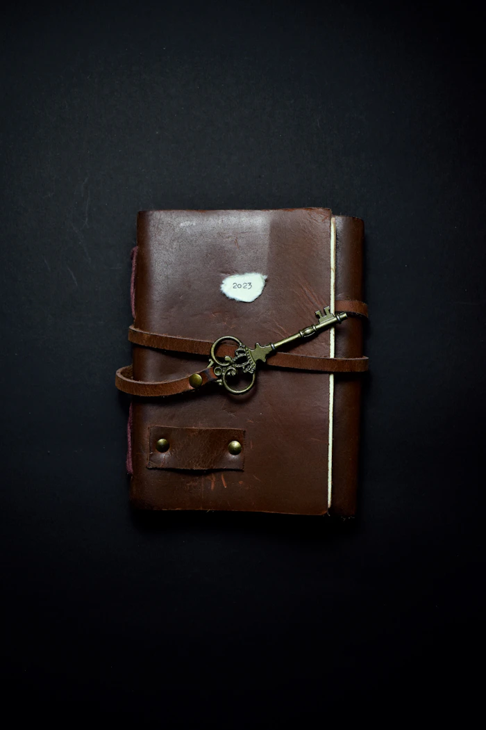Brown leather journal with an antique key