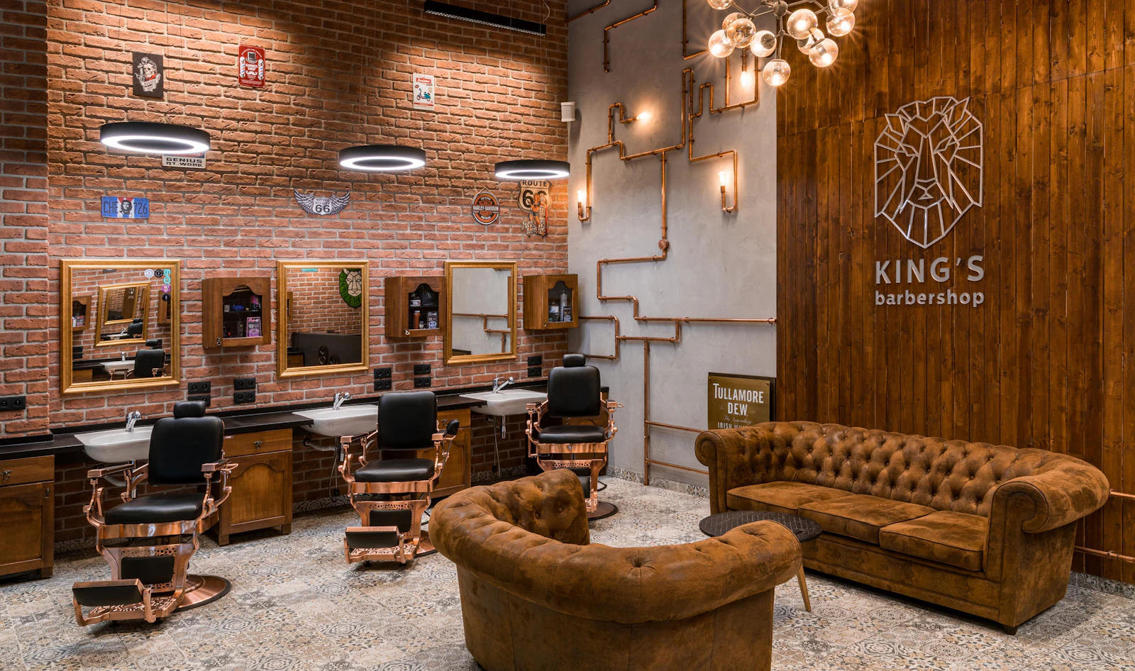 Empty barbershop interior with chairs and mirrors