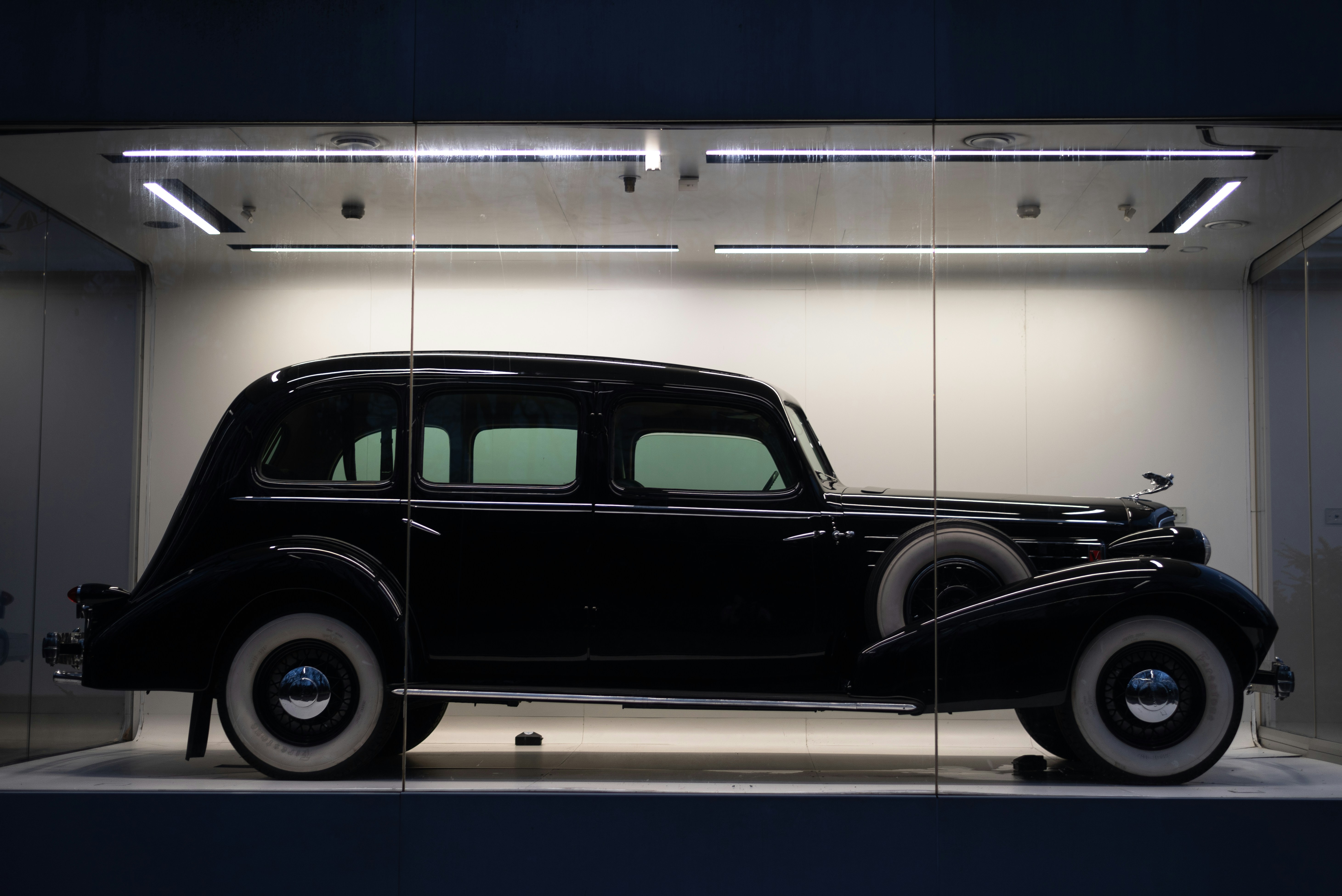 Luxury black limousine on display