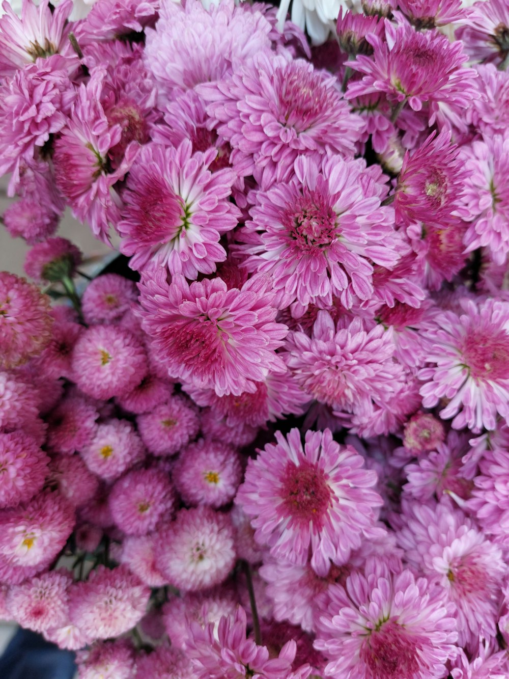 a bunch of pink and white flowers in a vase