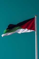 A flag with horizontal bands of black, red, green, and white waves against a clear blue sky. The flag is attached to a tall flagpole with a golden finial.