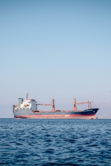 A large cargo ship is floating on a calm sea under a clear blue sky. The ship appears to be carrying containers and is painted red and black, with a white superstructure and cranes on deck. There are distant mountains visible faintly in the background.