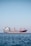 A large cargo ship is floating on a calm sea under a clear blue sky. The ship appears to be carrying containers and is painted red and black, with a white superstructure and cranes on deck. There are distant mountains visible faintly in the background.