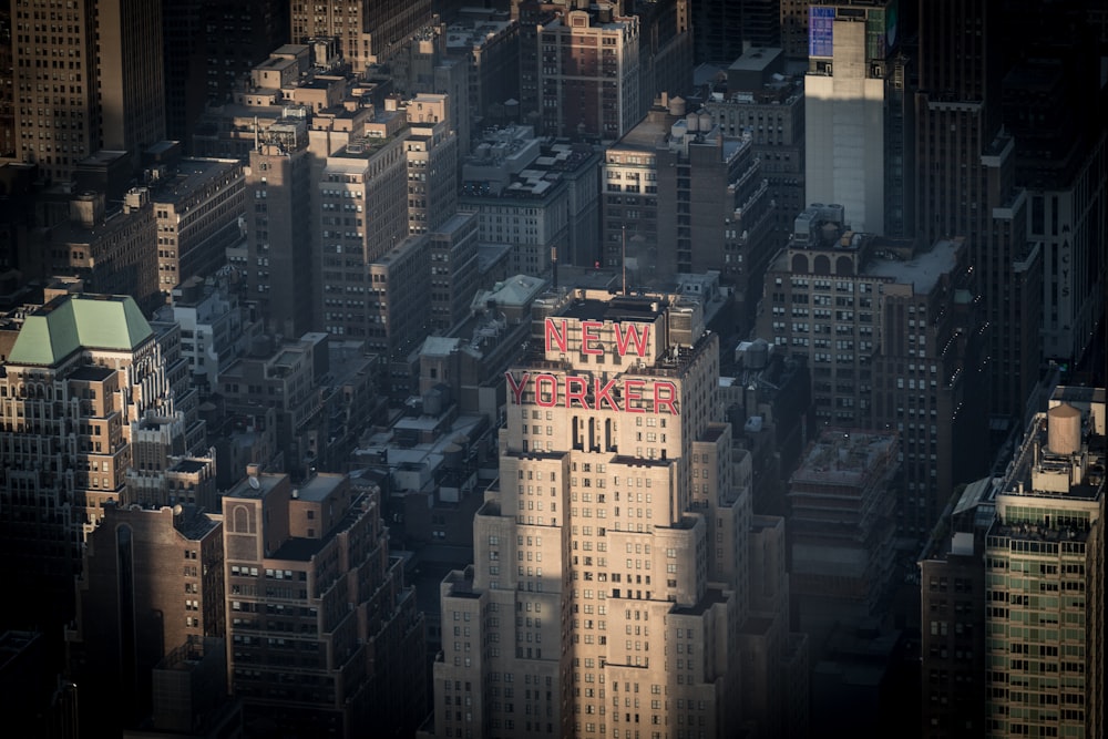 an aerial view of a city with tall buildings