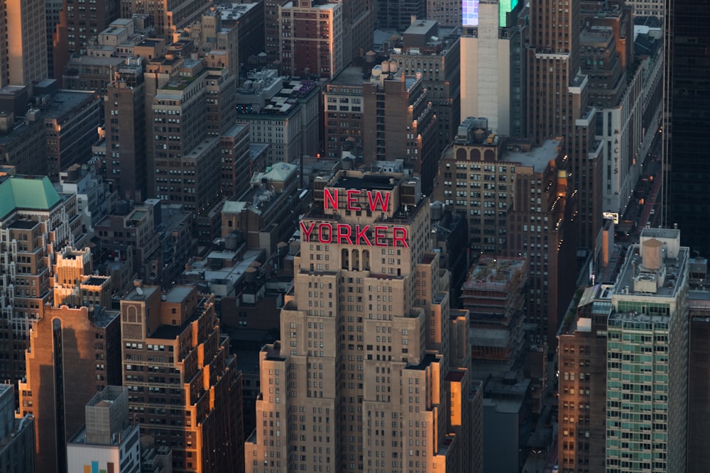 an aerial view of a city with tall buildings