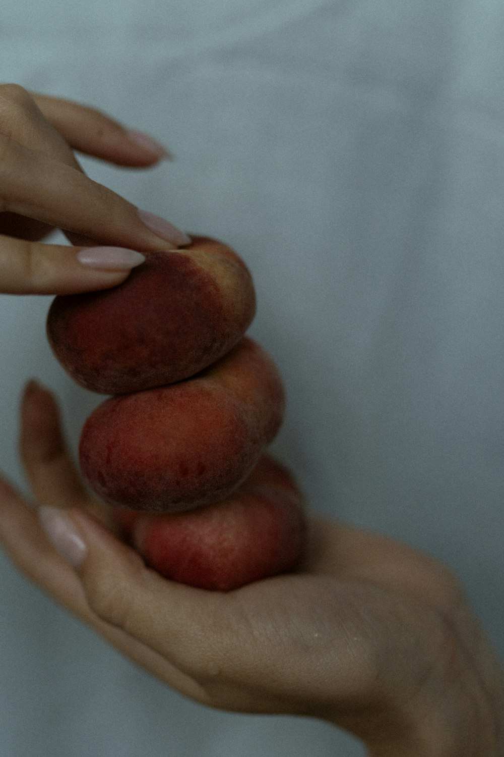 a person holding a pile of fruit in their hands