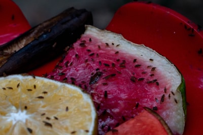 A close-up of various fruit pieces covered with numerous small flies. The image features a watermelon slice, a lemon half, and what seems to be a banana with flies scattered across their surfaces. The background consists of a red color, possibly a plate or table.