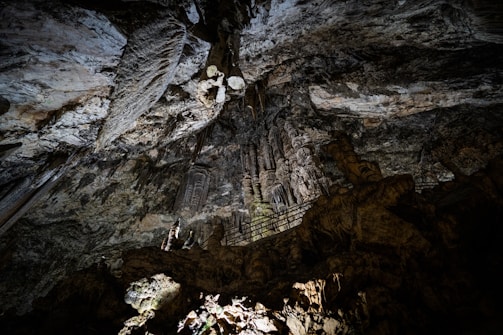A vast cave with intricate rock formations, including stalactites and stalagmites, extending from the ceiling and floor. The rugged textures of the rocks are illuminated by artificial lighting, creating contrasts and shadows that highlight the natural beauty of the subterranean environment.