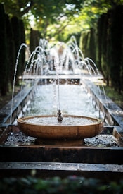 A serene garden scene featuring a tiered stone fountain with multiple streams of water arching into the air, surrounded by neatly trimmed hedges. Sunlight filters through the trees, creating a dappled pattern on the pathway.