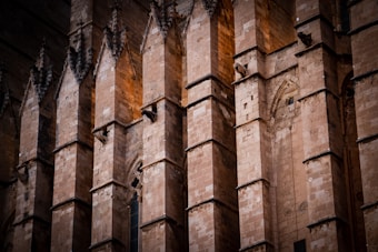 Gothic-style architecture with tall, narrow stone columns and intricate carvings, showcasing weathered textures and an aged patina. The photo captures the structure's vertical lines and pointed arches, emphasizing its historical and majestic character.