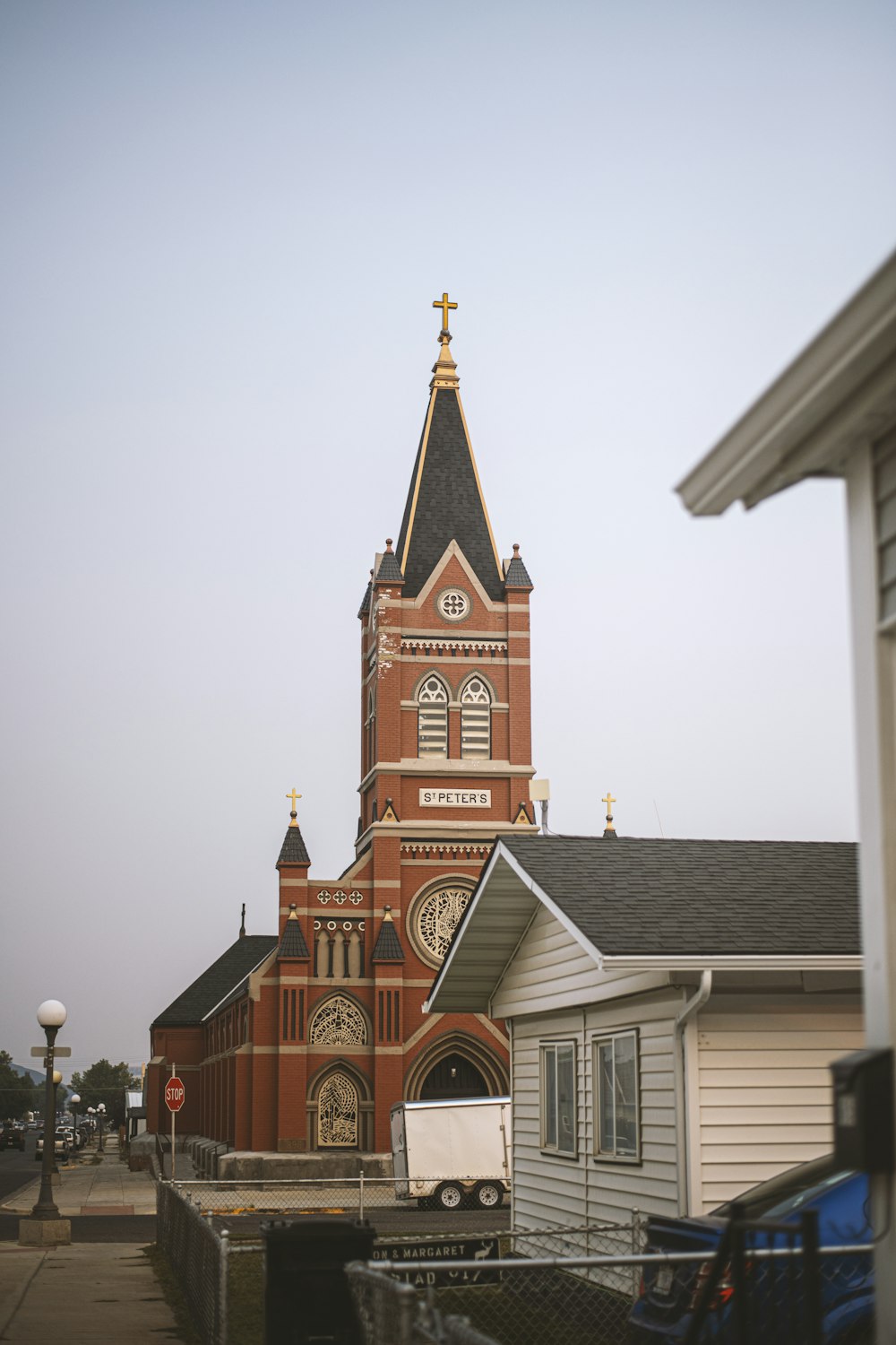 a church with a truck parked in front of it