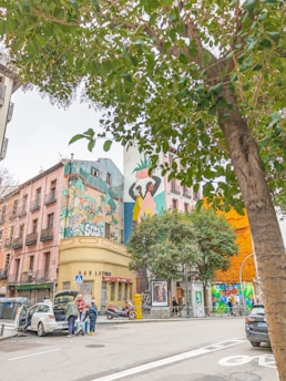 A vibrant street scene in Miami showcasing colorful murals and tropical plants.